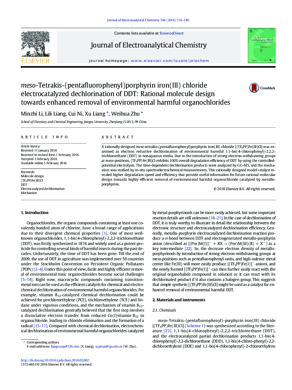 meso-Tetrakis-(pentafluorophenyl)porphyrin iron(III) chloride electrocatalyzed dechlorination of DDT: Rational molecule design towards enhanced removal of environmental harmful organochlorides