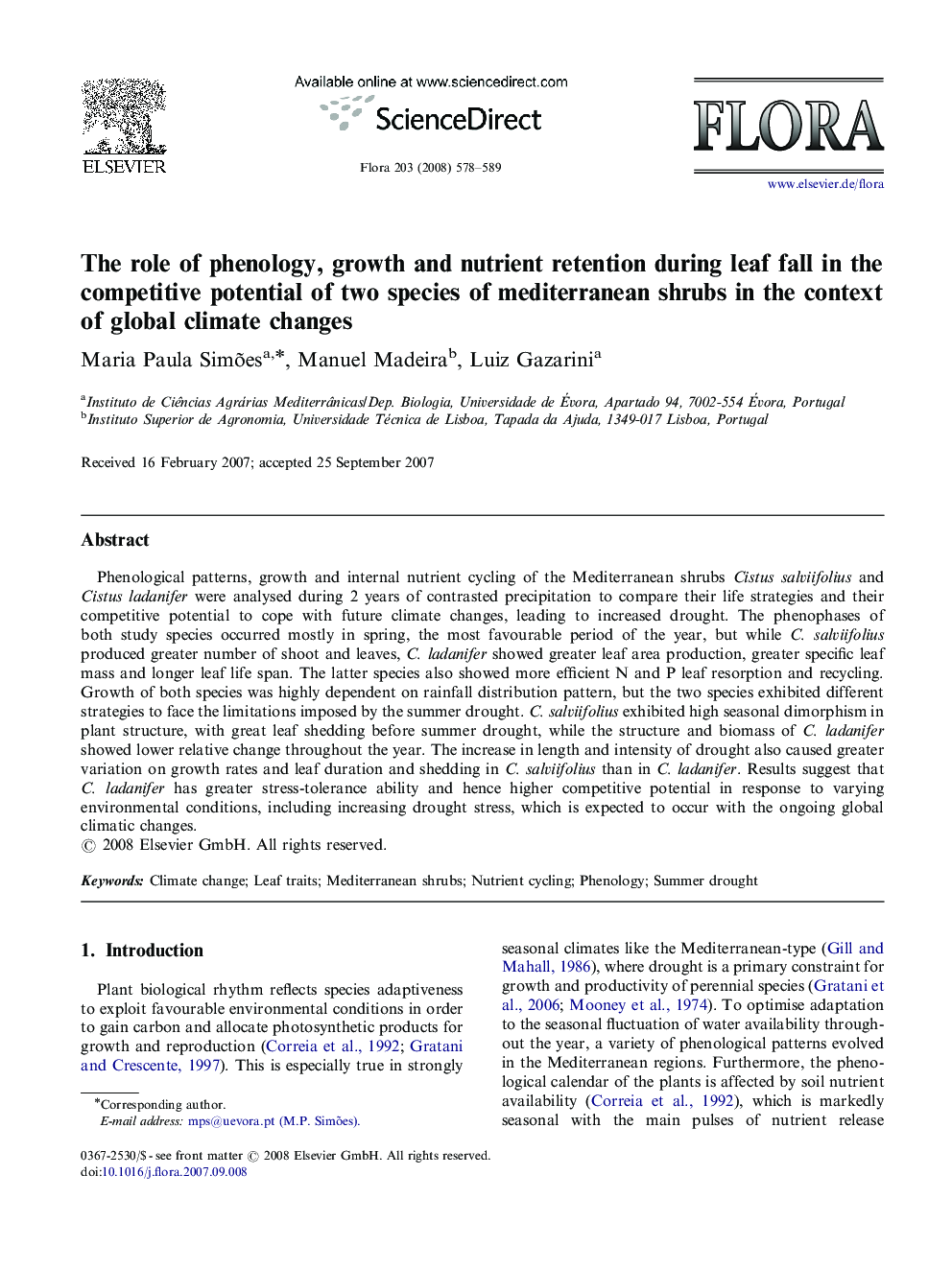 The role of phenology, growth and nutrient retention during leaf fall in the competitive potential of two species of mediterranean shrubs in the context of global climate changes