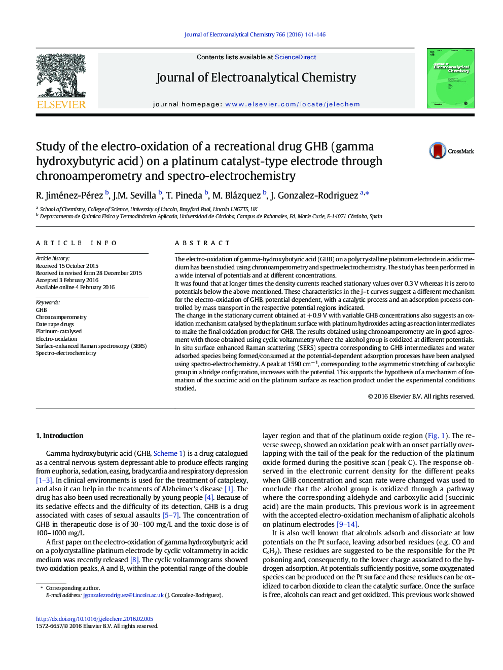 Study of the electro-oxidation of a recreational drug GHB (gamma hydroxybutyric acid) on a platinum catalyst-type electrode through chronoamperometry and spectro-electrochemistry