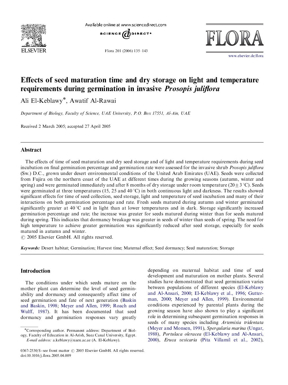 Effects of seed maturation time and dry storage on light and temperature requirements during germination in invasive Prosopis juliflora