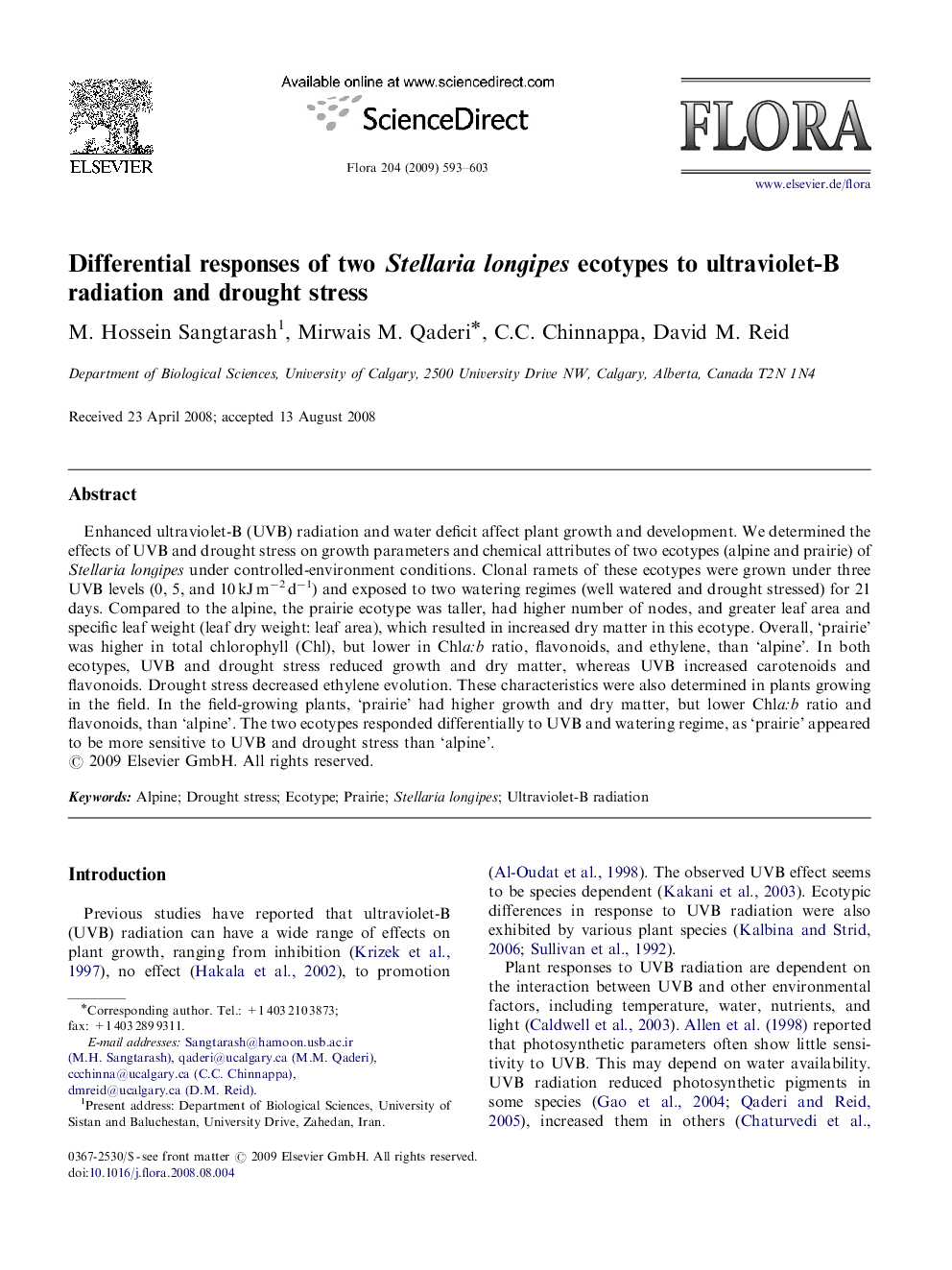 Differential responses of two Stellaria longipes ecotypes to ultraviolet-B radiation and drought stress