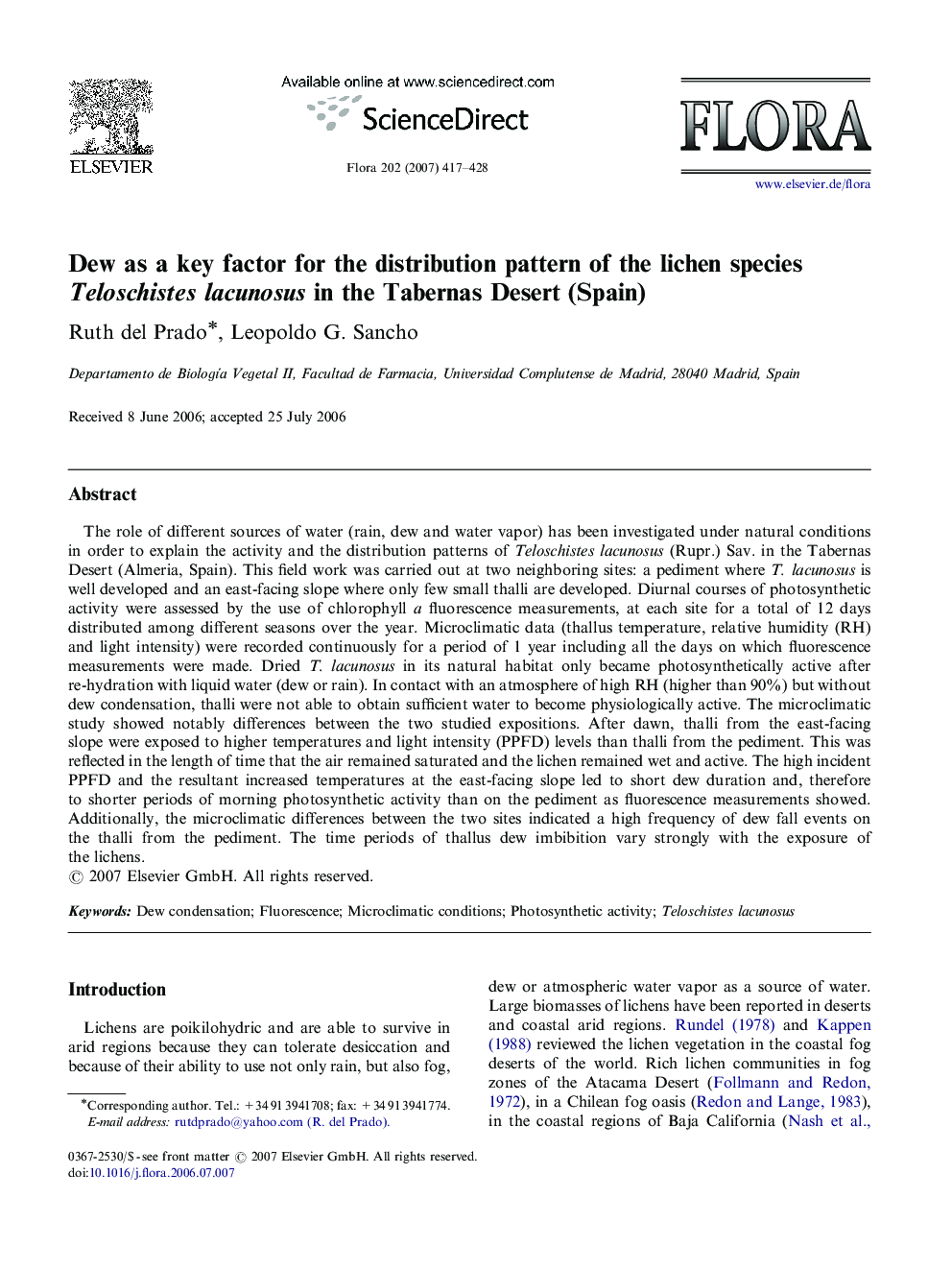 Dew as a key factor for the distribution pattern of the lichen species Teloschistes lacunosus in the Tabernas Desert (Spain)