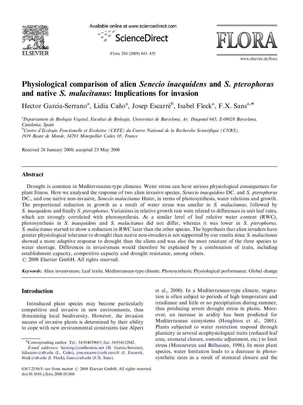 Physiological comparison of alien Senecio inaequidens and S. pterophorus and native S. malacitanus: Implications for invasion