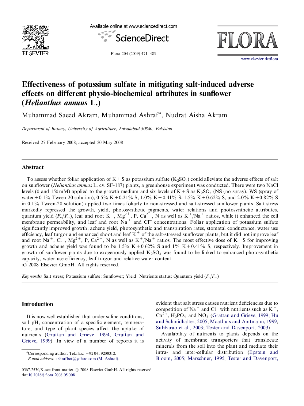 Effectiveness of potassium sulfate in mitigating salt-induced adverse effects on different physio-biochemical attributes in sunflower (Helianthus annuus L.)