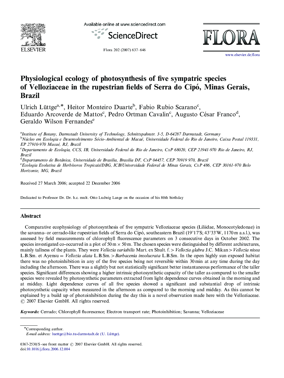 Physiological ecology of photosynthesis of five sympatric species of Velloziaceae in the rupestrian fields of Serra do Cipó, Minas Gerais, Brazil