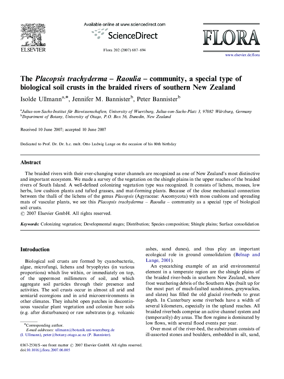 The Placopsis trachyderma – Raoulia – community, a special type of biological soil crusts in the braided rivers of southern New Zealand