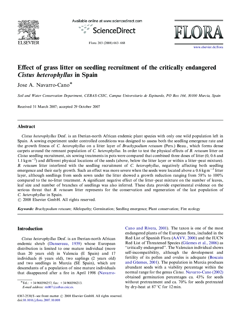 Effect of grass litter on seedling recruitment of the critically endangered Cistus heterophyllus in Spain