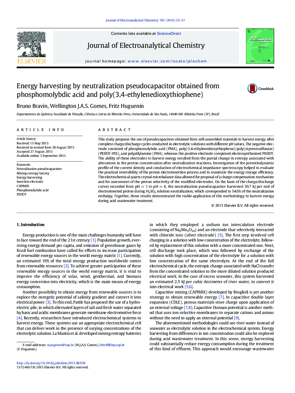 Energy harvesting by neutralization pseudocapacitor obtained from phosphomolybdic acid and poly(3,4-ethylenedioxythiophene)