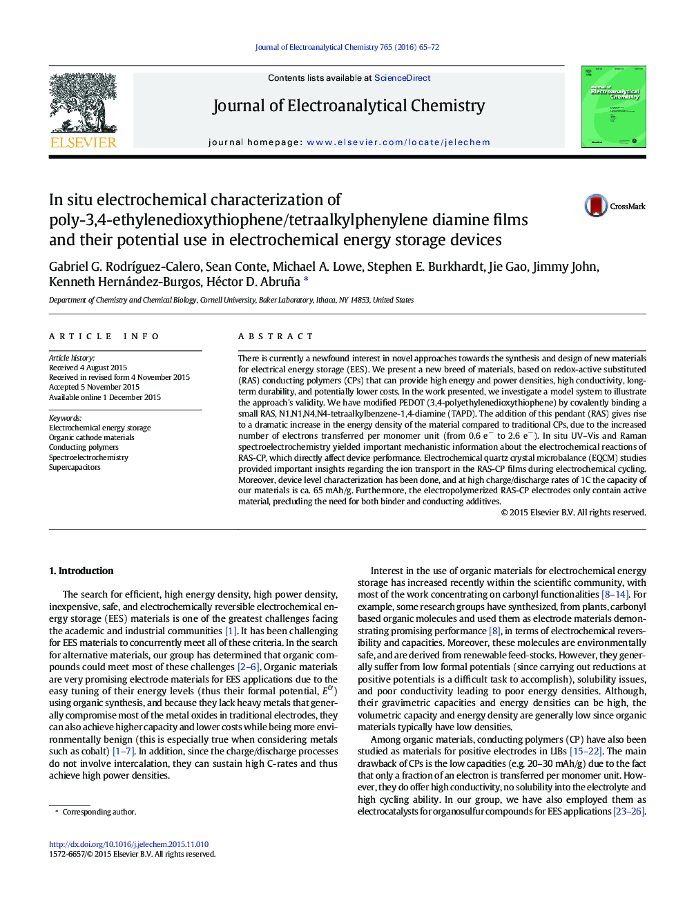 In situ electrochemical characterization of poly-3,4-ethylenedioxythiophene/tetraalkylphenylene diamine films and their potential use in electrochemical energy storage devices
