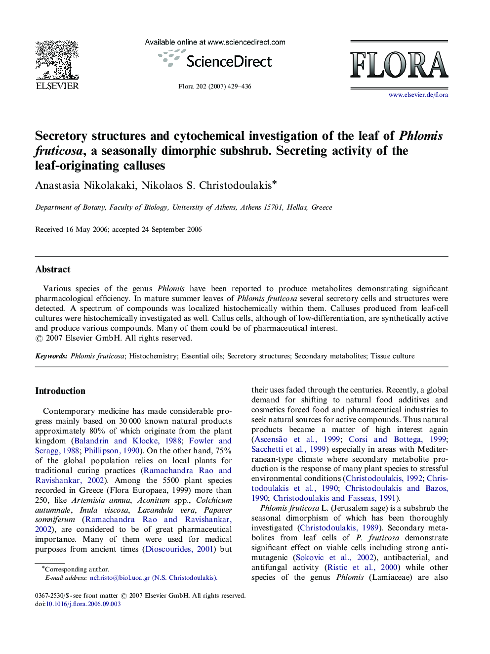 Secretory structures and cytochemical investigation of the leaf of Phlomis fruticosa, a seasonally dimorphic subshrub. Secreting activity of the leaf-originating calluses