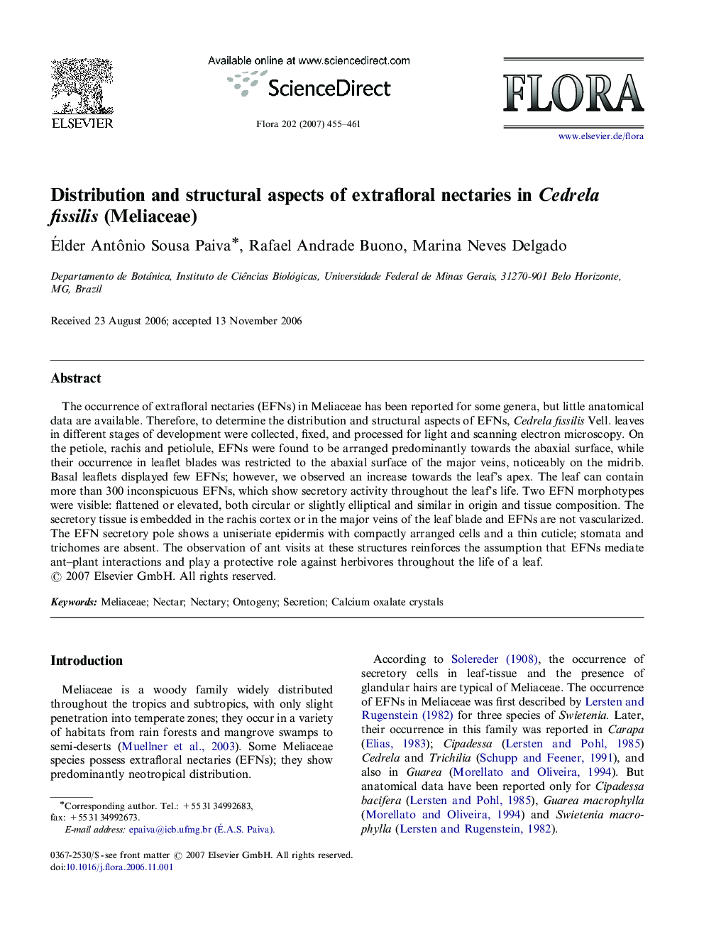 Distribution and structural aspects of extrafloral nectaries in Cedrela fissilis (Meliaceae)