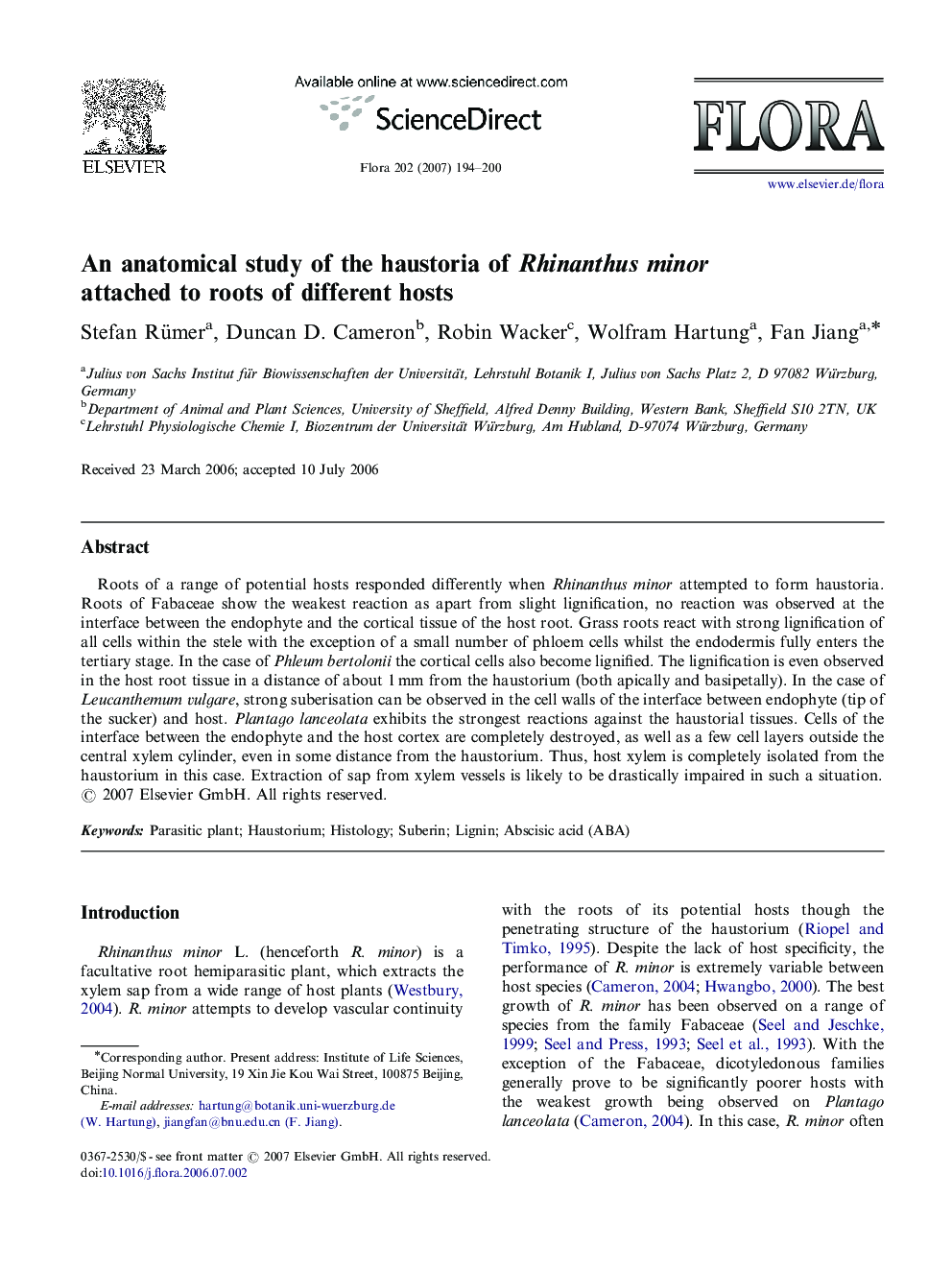 An anatomical study of the haustoria of Rhinanthus minor attached to roots of different hosts