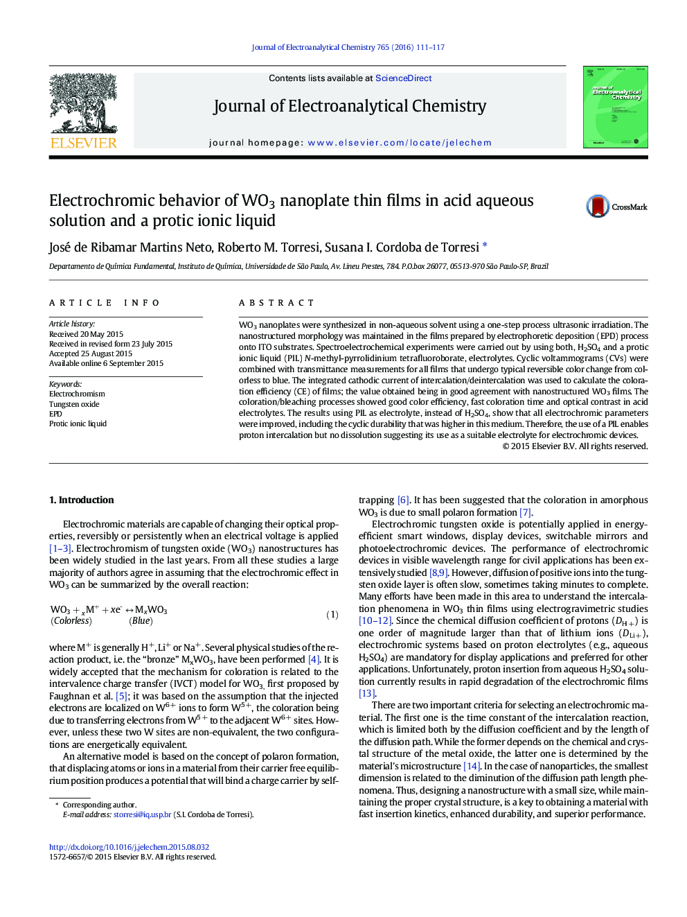 عکس صفحه اول مقاله: Electrochromic behavior of WO3 nanoplate thin films in acid aqueous solution and a protic ionic liquid Electrochromic behavior of WO3 nanoplate thin films in acid aqueous solution and a protic ionic liquid