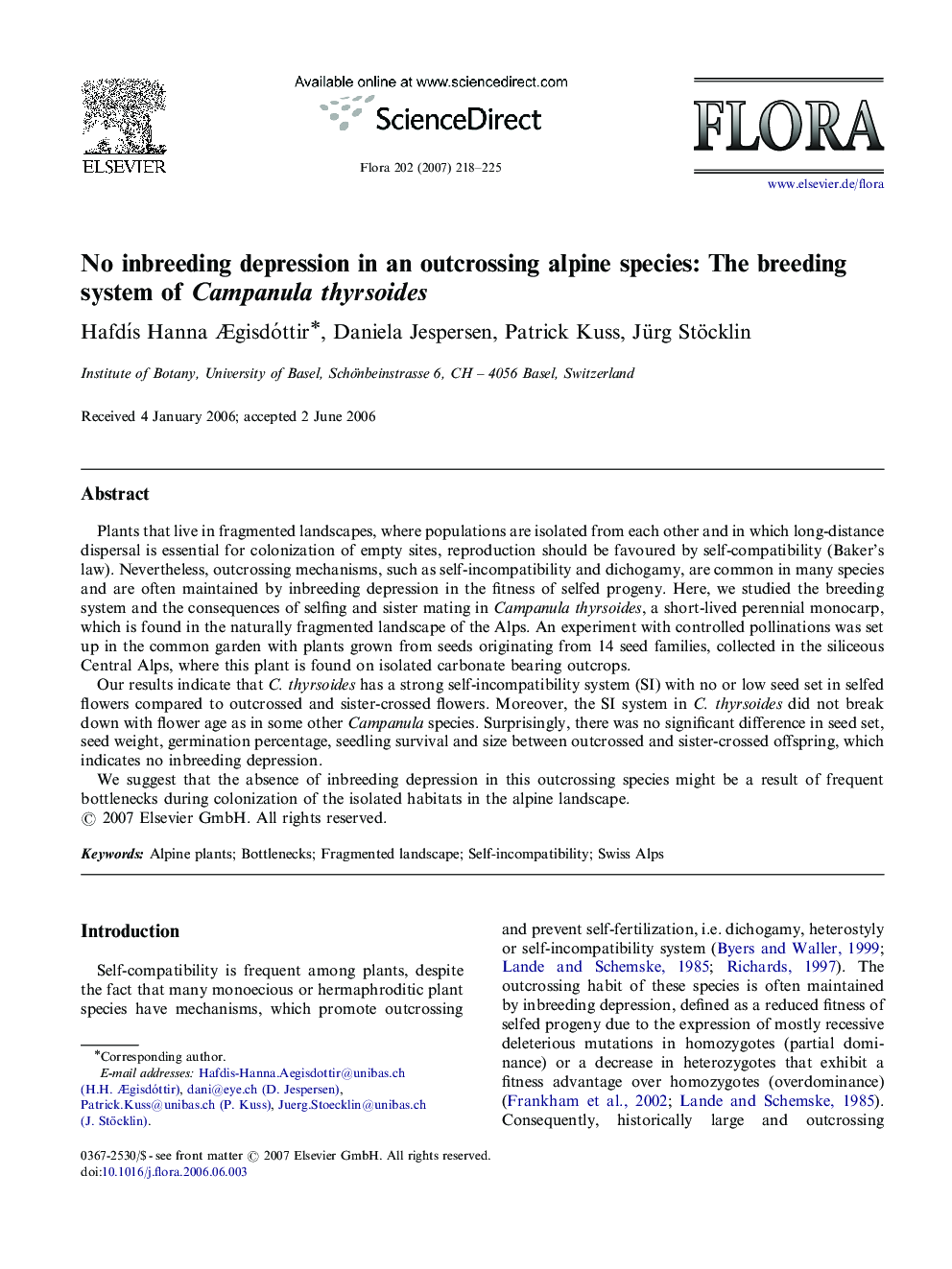 No inbreeding depression in an outcrossing alpine species: The breeding system of Campanula thyrsoides