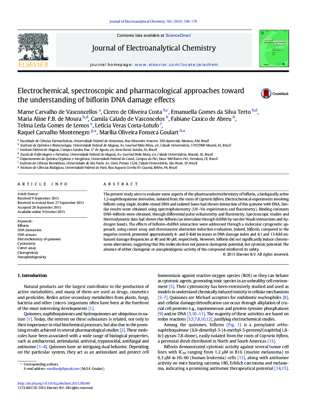 Electrochemical, spectroscopic and pharmacological approaches toward the understanding of biflorin DNA damage effects