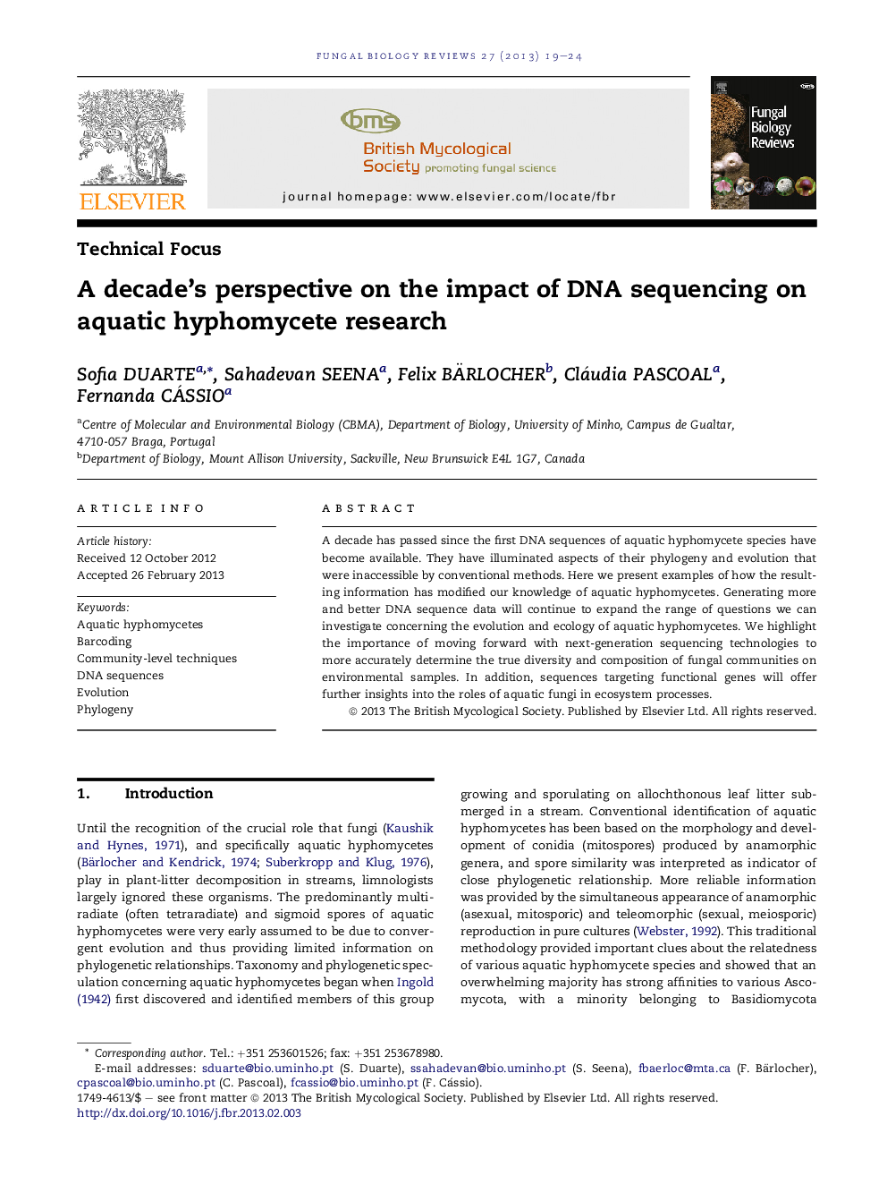 A decade's perspective on the impact of DNA sequencing on aquatic hyphomycete research