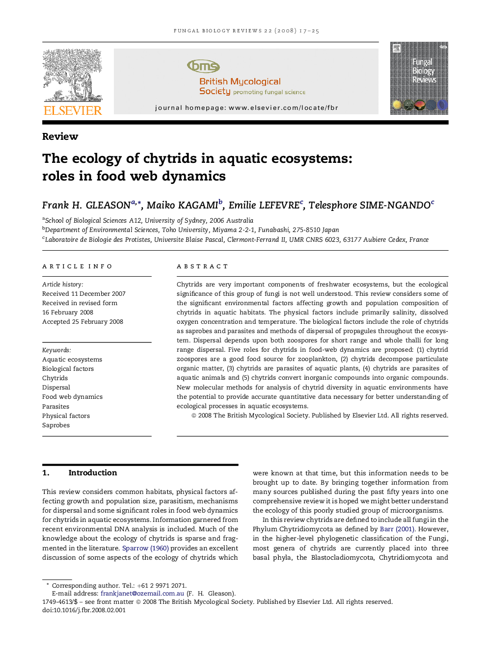 The ecology of chytrids in aquatic ecosystems: roles in food web dynamics