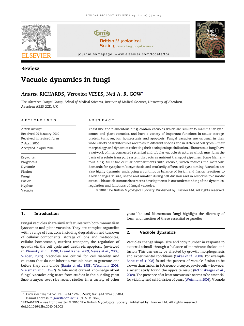 Vacuole dynamics in fungi