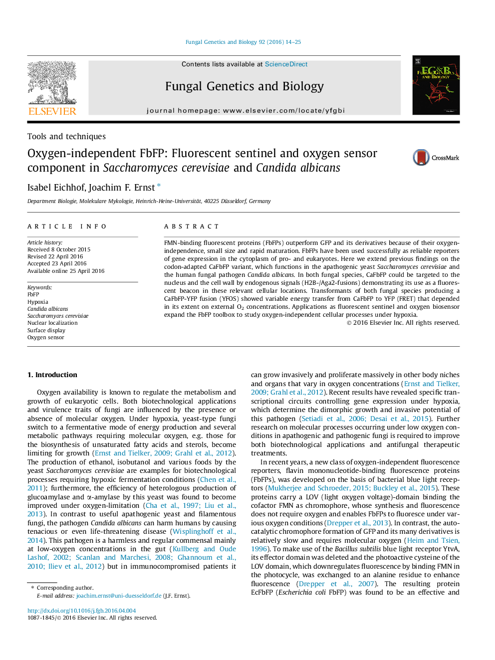 Oxygen-independent FbFP: Fluorescent sentinel and oxygen sensor component in Saccharomyces cerevisiae and Candida albicans