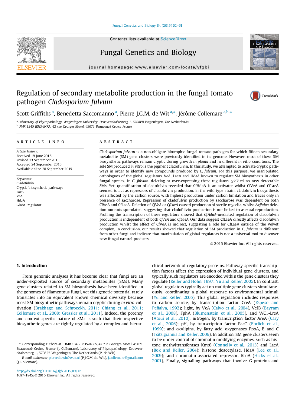 Regulation of secondary metabolite production in the fungal tomato pathogen Cladosporium fulvum