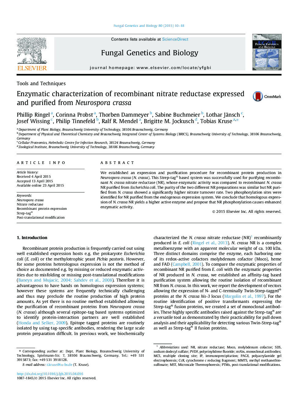 Enzymatic characterization of recombinant nitrate reductase expressed and purified from Neurospora crassa