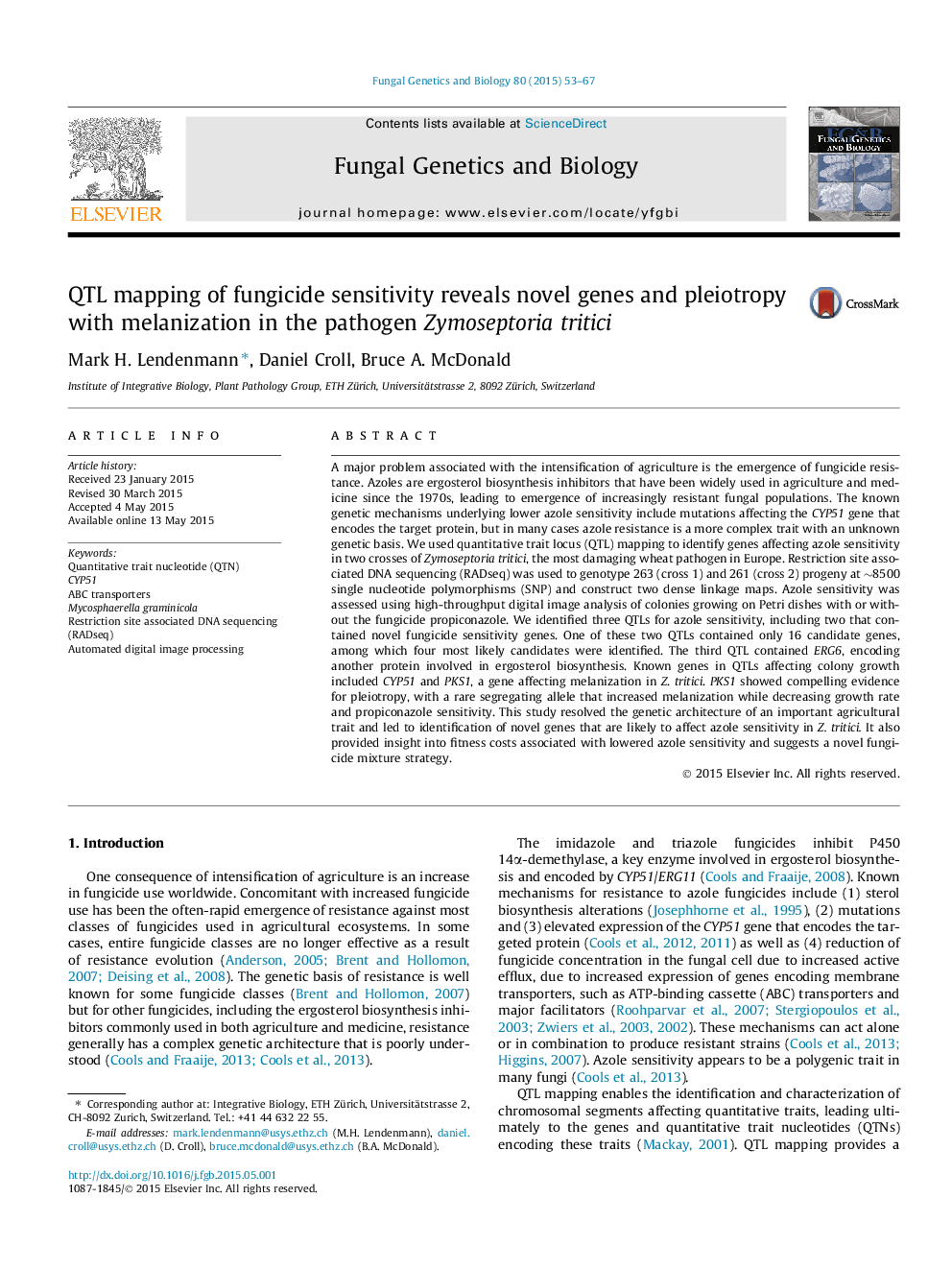 QTL mapping of fungicide sensitivity reveals novel genes and pleiotropy with melanization in the pathogen Zymoseptoria tritici