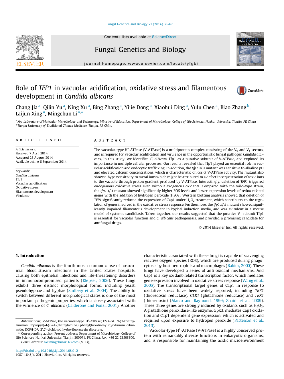 Role of TFP1 in vacuolar acidification, oxidative stress and filamentous development in Candida albicans