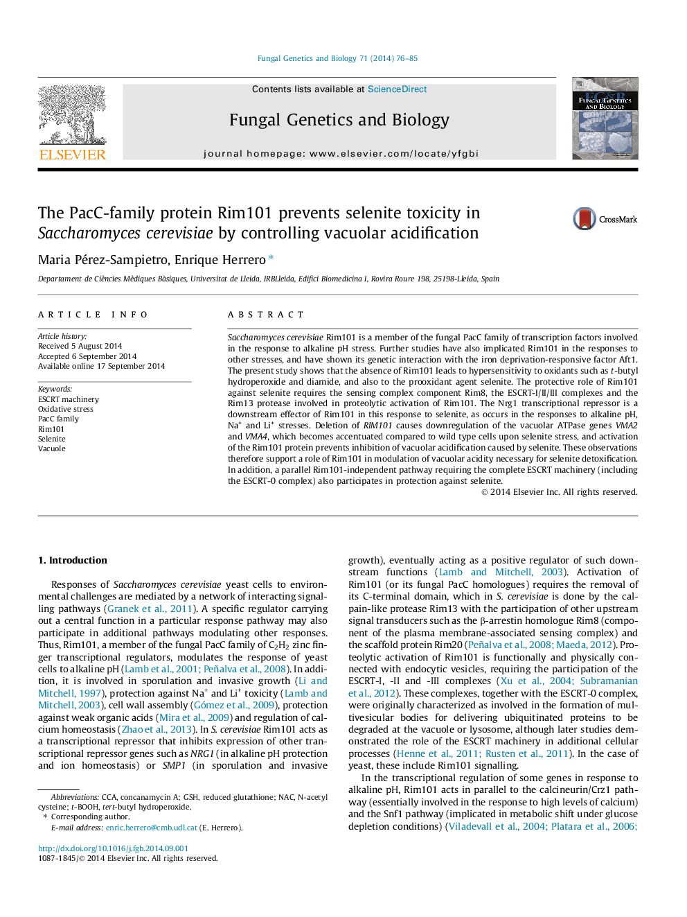 The PacC-family protein Rim101 prevents selenite toxicity in Saccharomyces cerevisiae by controlling vacuolar acidification