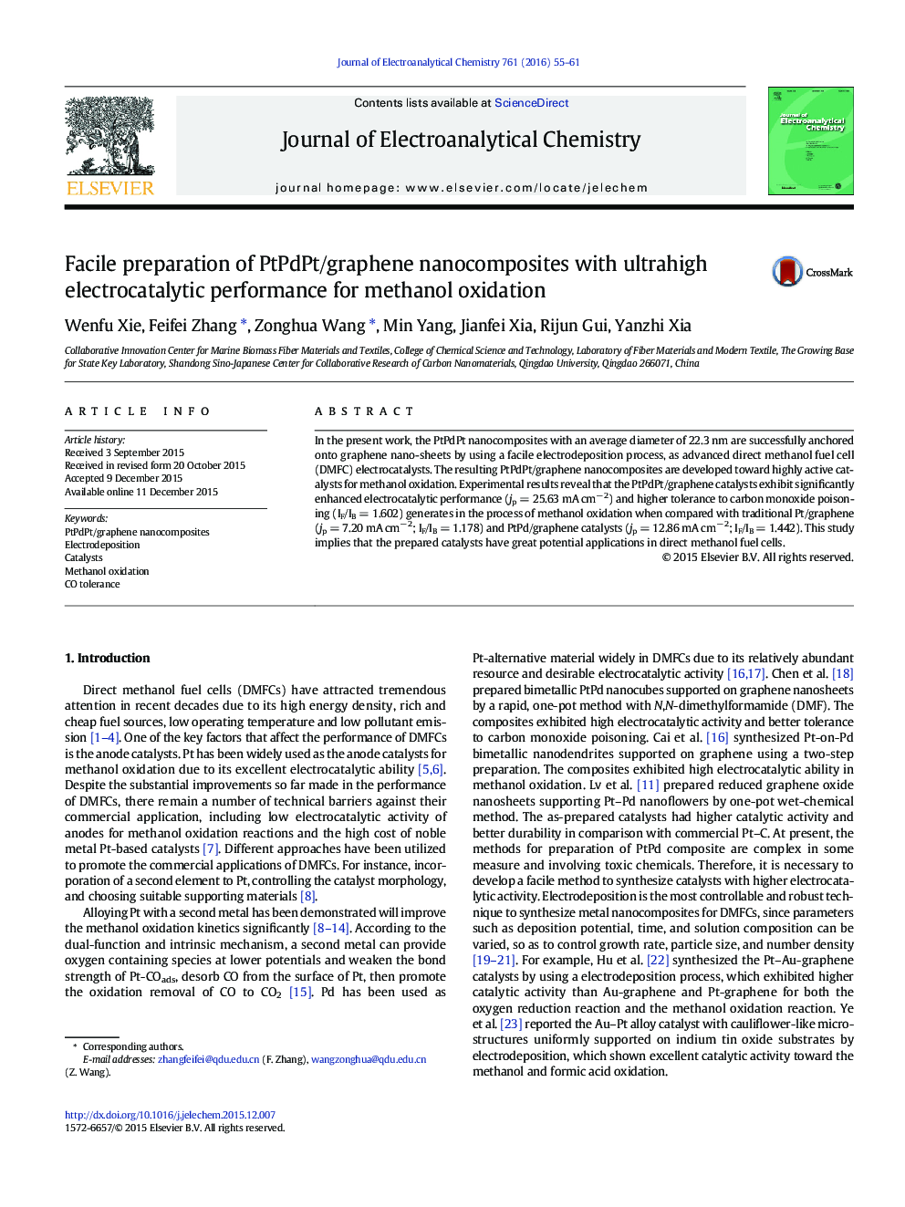 Facile preparation of PtPdPt/graphene nanocomposites with ultrahigh electrocatalytic performance for methanol oxidation