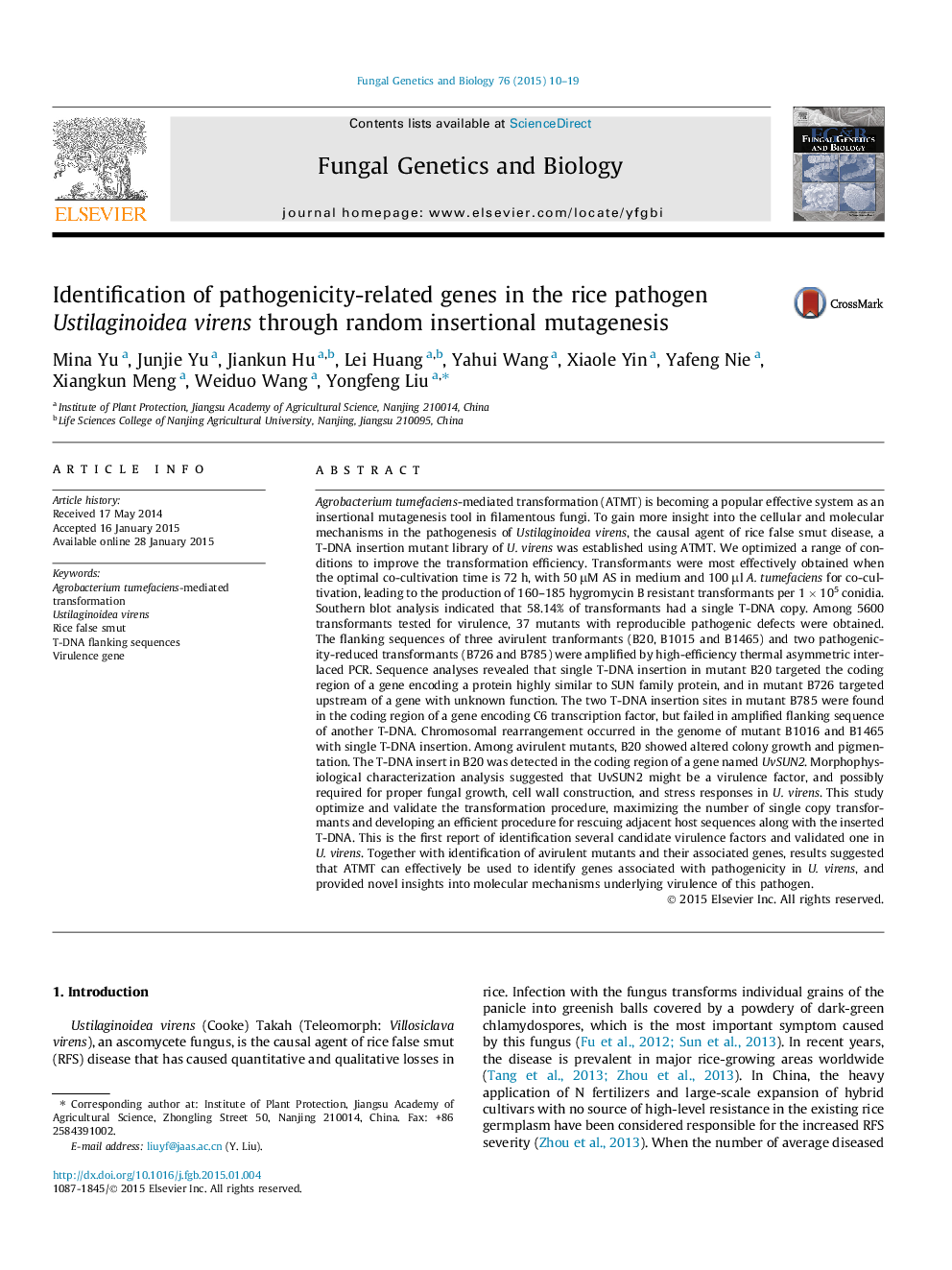 Identification of pathogenicity-related genes in the rice pathogen Ustilaginoidea virens through random insertional mutagenesis