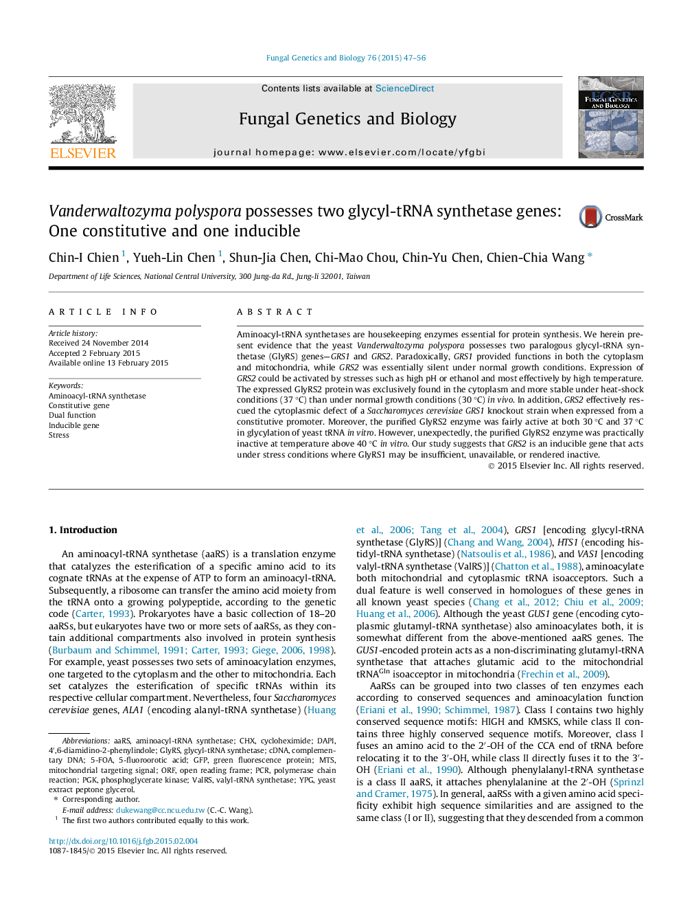 Vanderwaltozyma polyspora possesses two glycyl-tRNA synthetase genes: One constitutive and one inducible