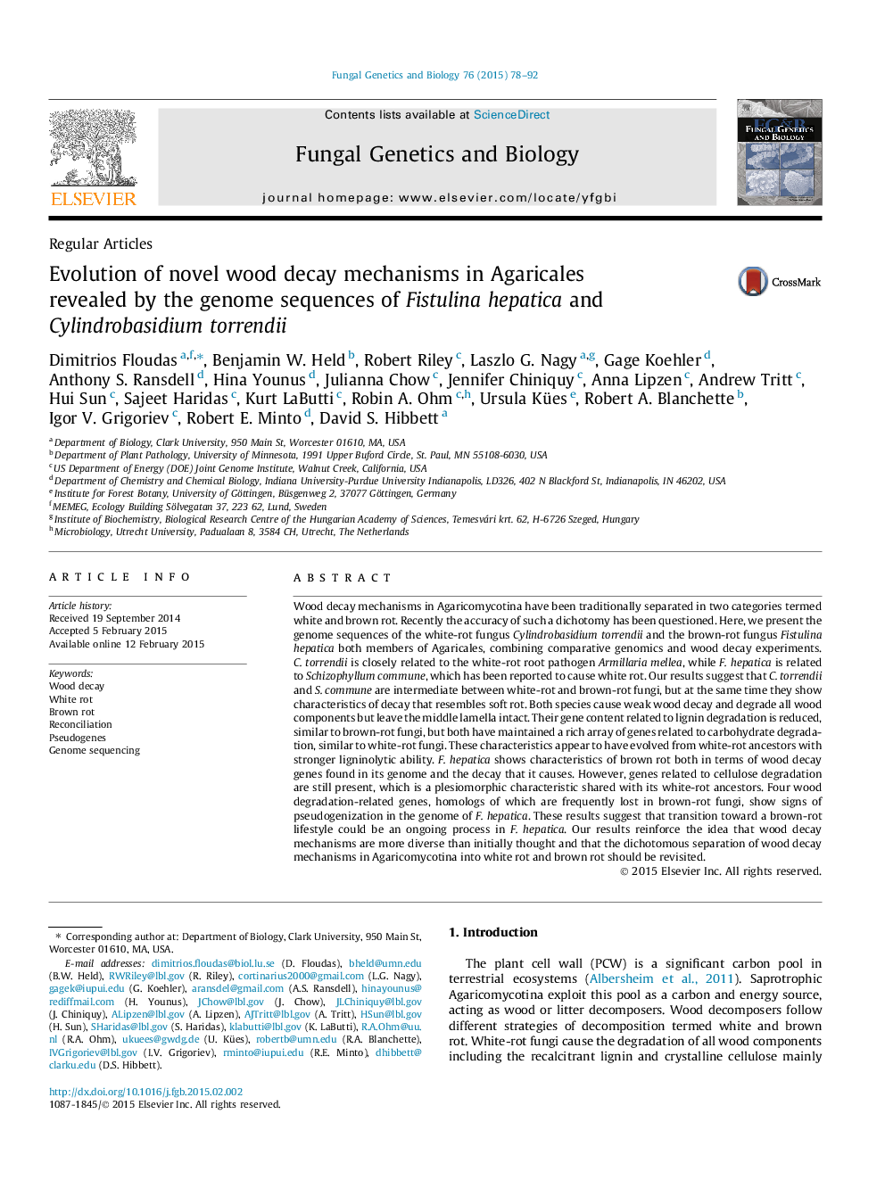 Evolution of novel wood decay mechanisms in Agaricales revealed by the genome sequences of Fistulina hepatica and Cylindrobasidium torrendii