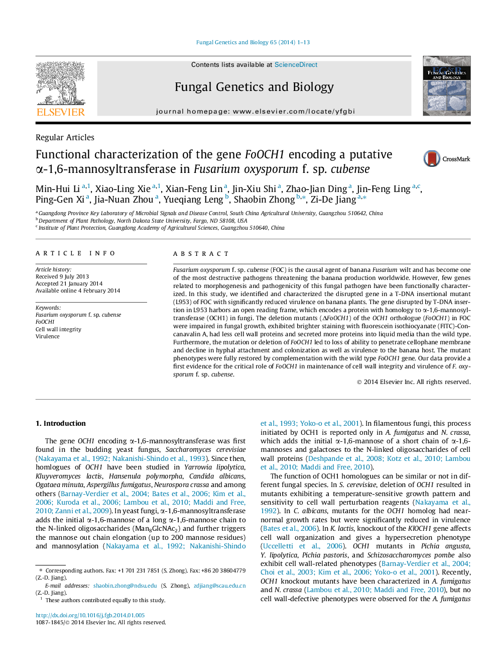 Functional characterization of the gene FoOCH1 encoding a putative α-1,6-mannosyltransferase in Fusarium oxysporum f. sp. cubense