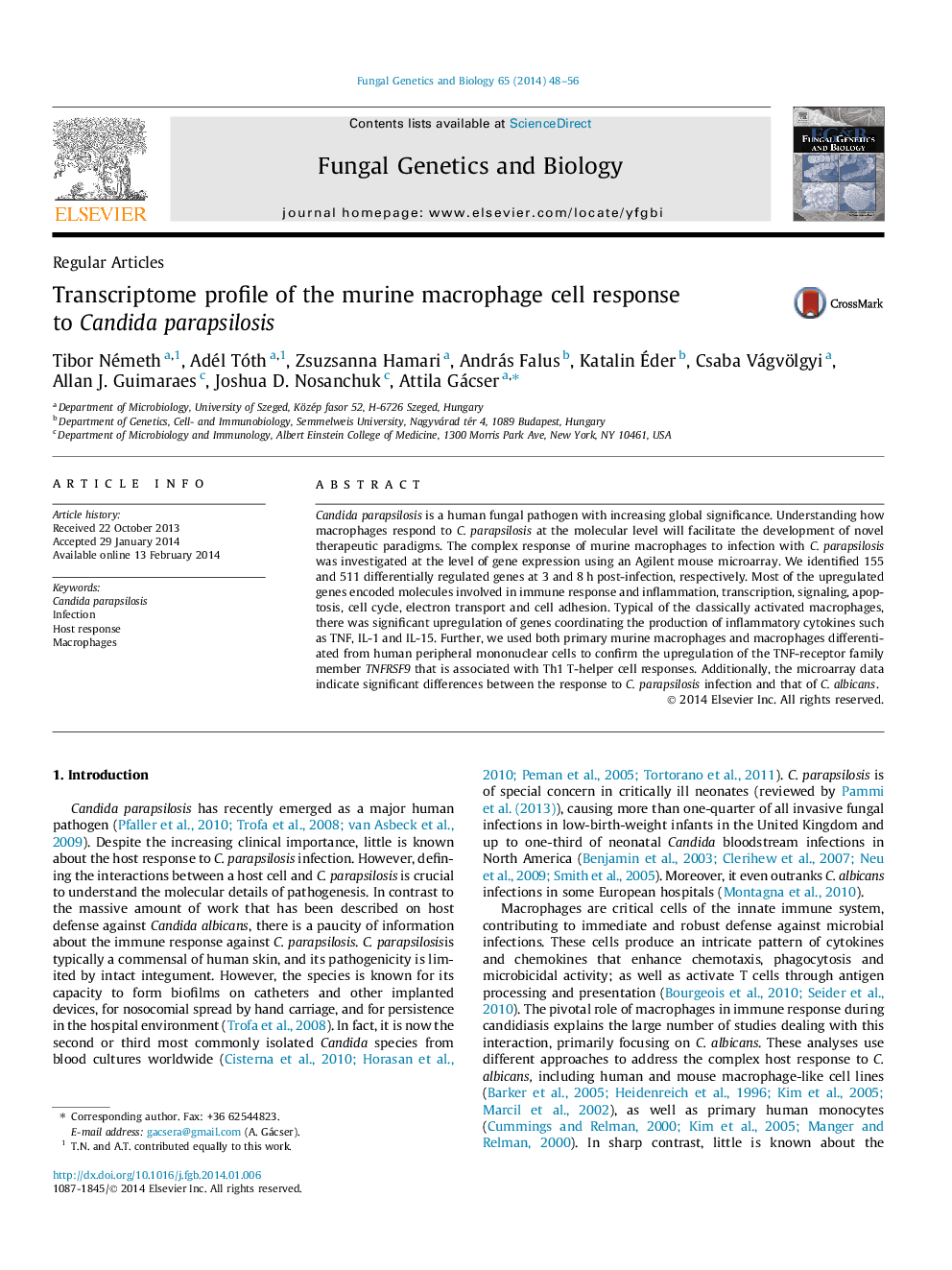 Transcriptome profile of the murine macrophage cell response to Candida parapsilosis