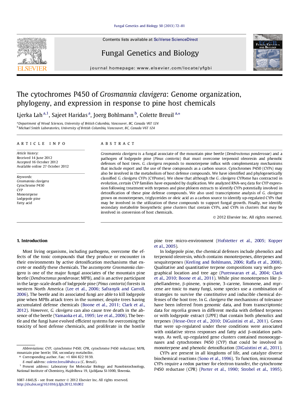 The cytochromes P450 of Grosmannia clavigera: Genome organization, phylogeny, and expression in response to pine host chemicals