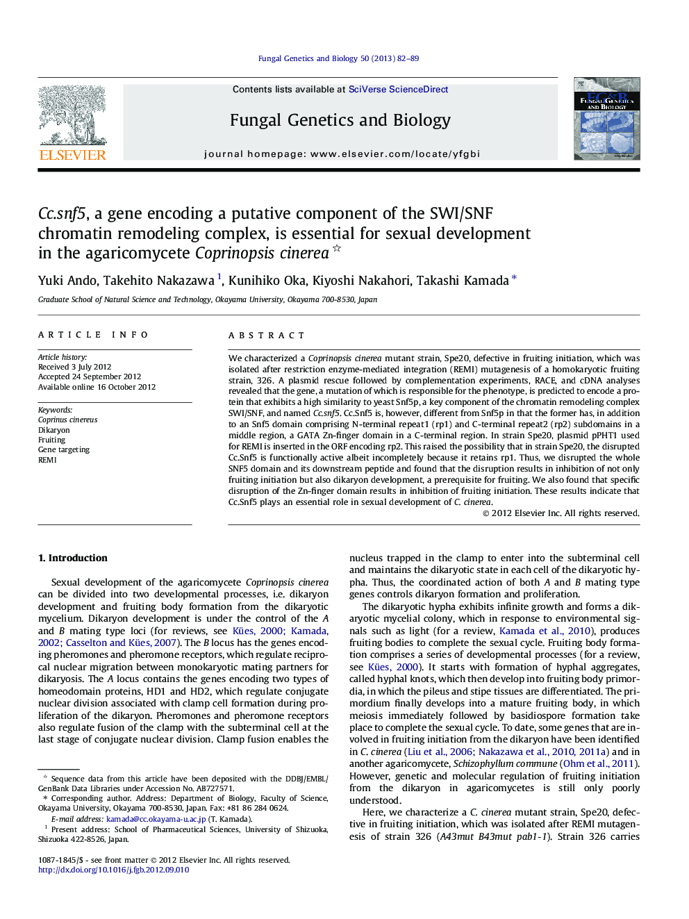 Cc.snf5, a gene encoding a putative component of the SWI/SNF chromatin remodeling complex, is essential for sexual development in the agaricomycete Coprinopsis cinerea 