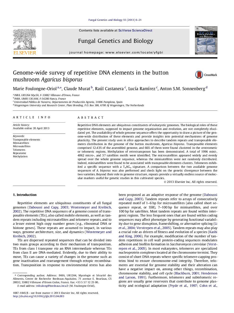 Genome-wide survey of repetitive DNA elements in the button mushroom Agaricus bisporus