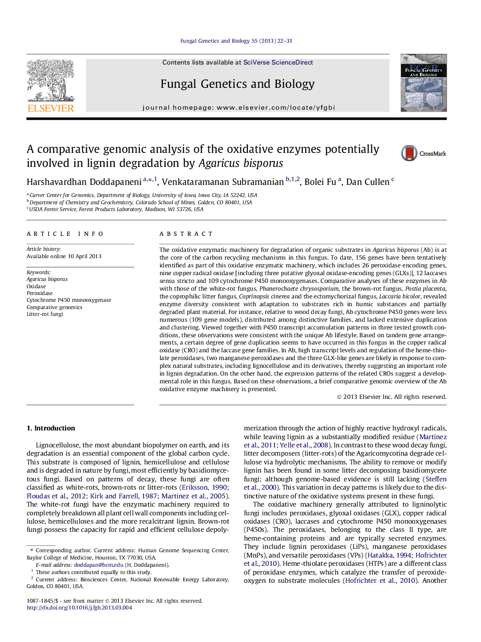 A comparative genomic analysis of the oxidative enzymes potentially involved in lignin degradation by Agaricus bisporus