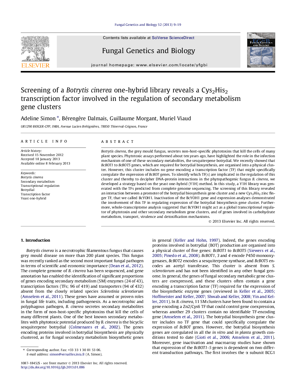 Screening of a Botrytis cinerea one-hybrid library reveals a Cys2His2 transcription factor involved in the regulation of secondary metabolism gene clusters