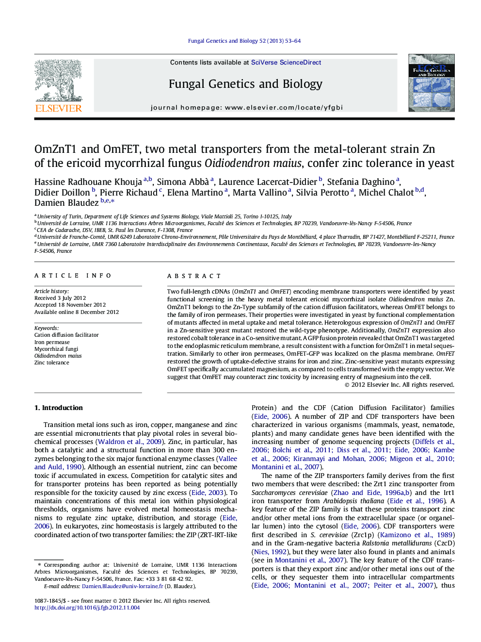 OmZnT1 and OmFET, two metal transporters from the metal-tolerant strain Zn of the ericoid mycorrhizal fungus Oidiodendron maius, confer zinc tolerance in yeast