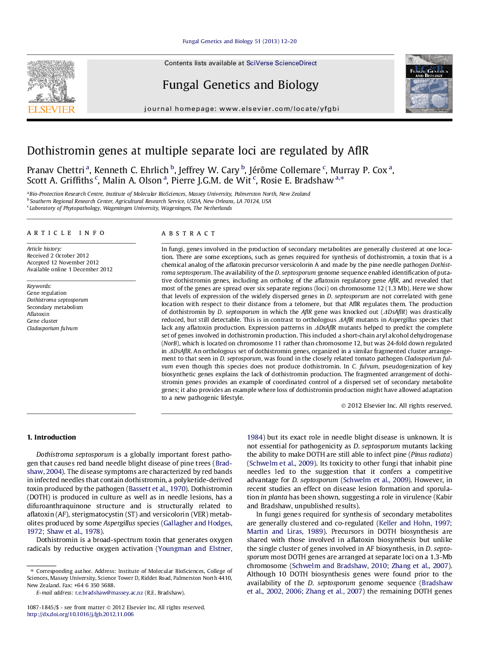 Dothistromin genes at multiple separate loci are regulated by AflR