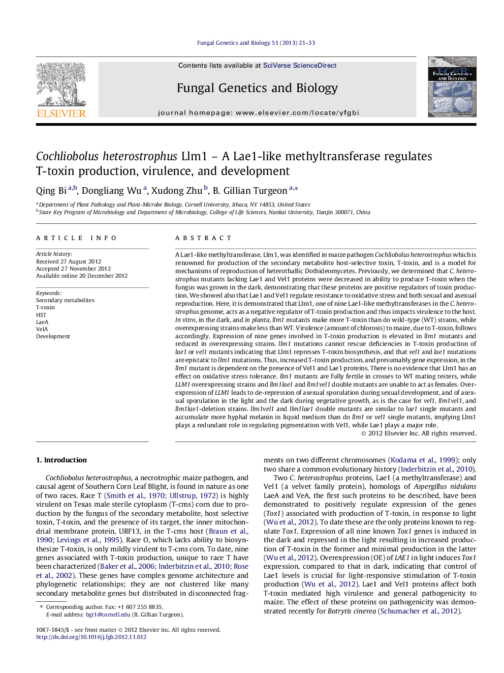 Cochliobolus heterostrophus Llm1 – A Lae1-like methyltransferase regulates T-toxin production, virulence, and development