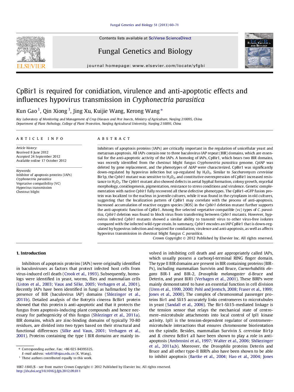 CpBir1 is required for conidiation, virulence and anti-apoptotic effects and influences hypovirus transmission in Cryphonectria parasitica