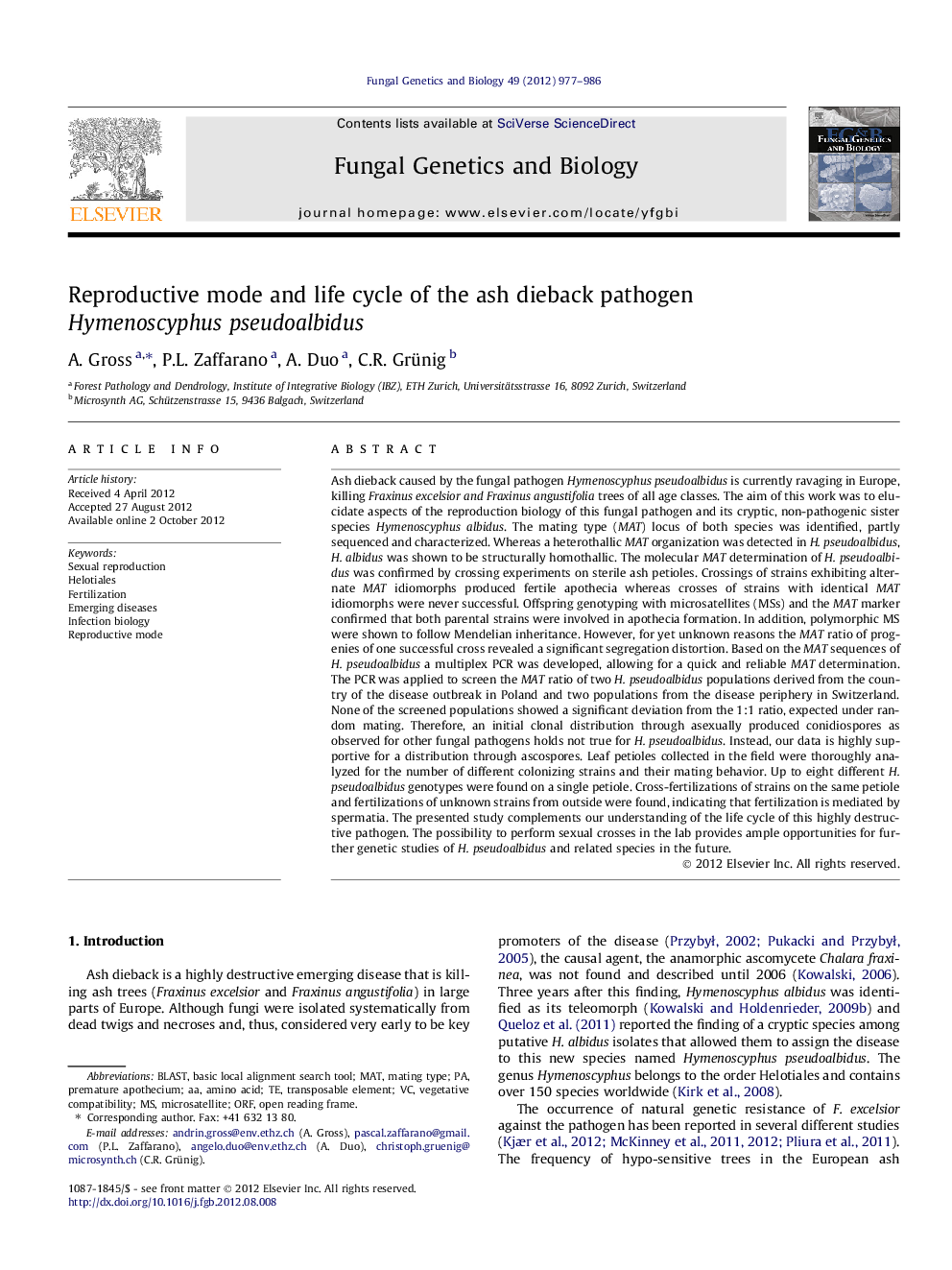 Reproductive mode and life cycle of the ash dieback pathogen Hymenoscyphus pseudoalbidus