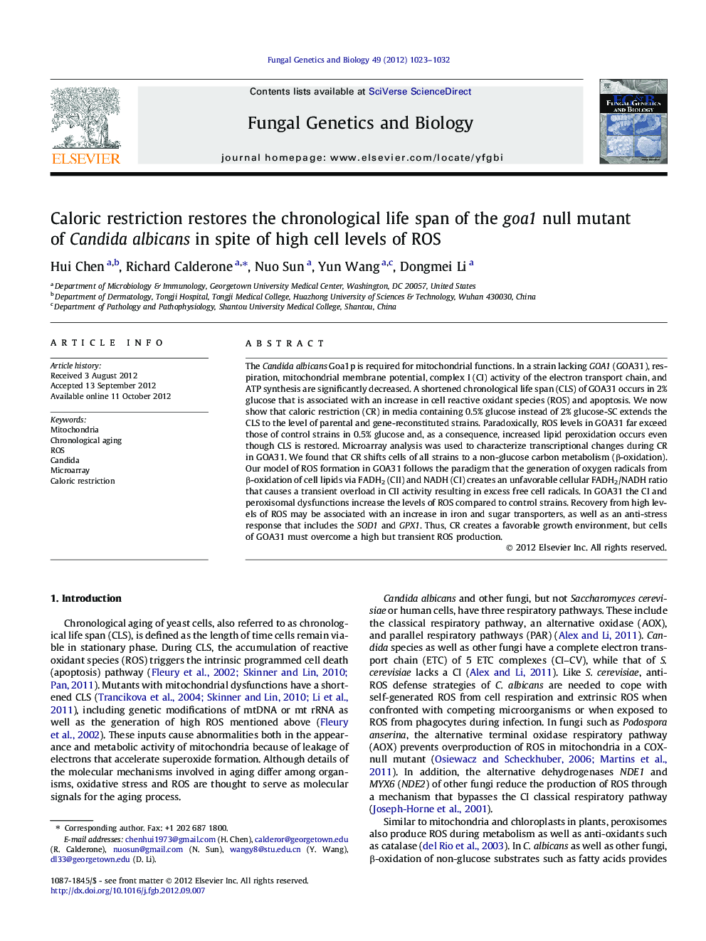 Caloric restriction restores the chronological life span of the goa1 null mutant of Candida albicans in spite of high cell levels of ROS