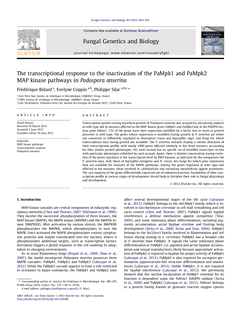 The transcriptional response to the inactivation of the PaMpk1 and PaMpk2 MAP kinase pathways in Podospora anserina