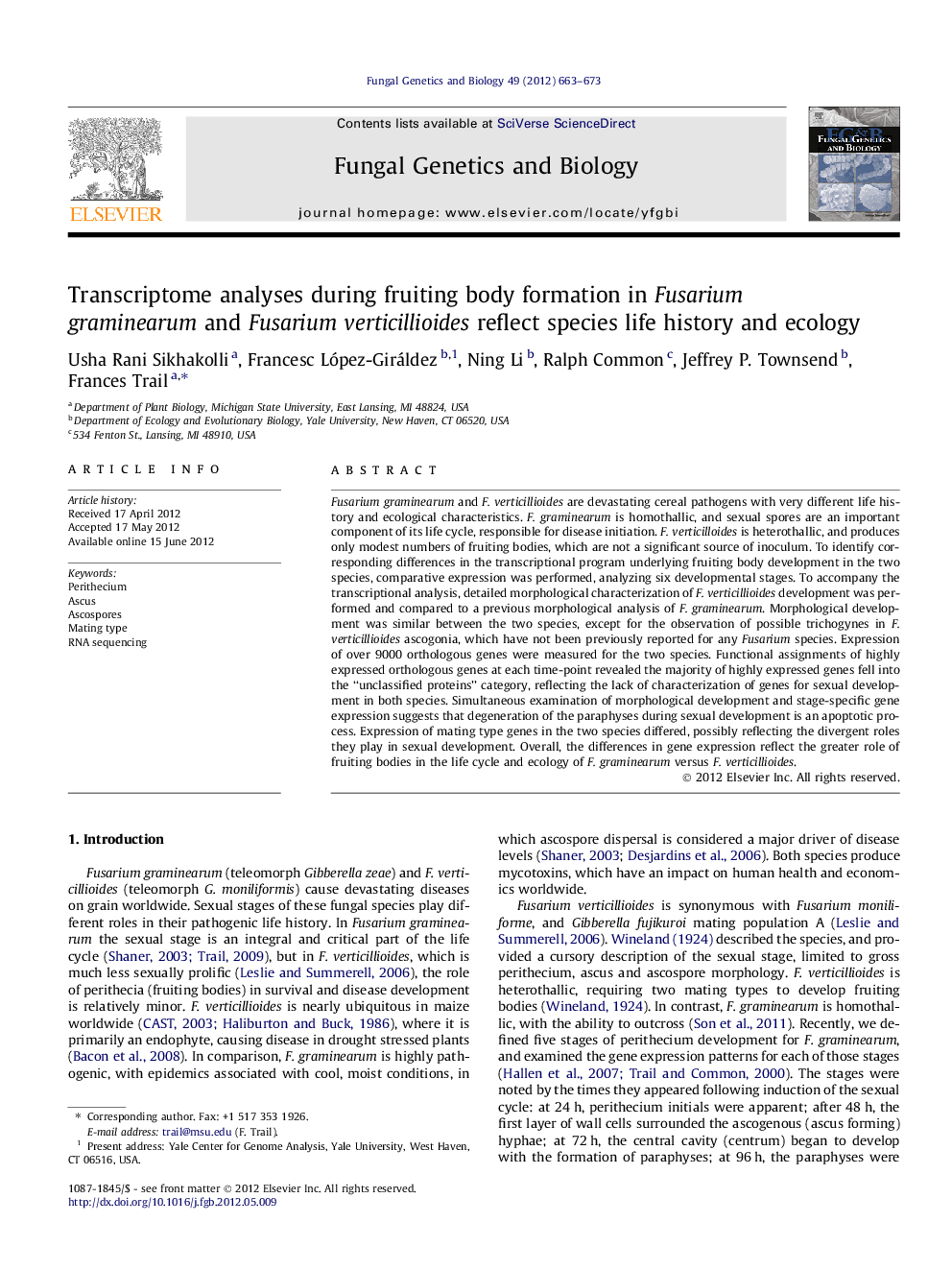 Transcriptome analyses during fruiting body formation in Fusarium graminearum and Fusarium verticillioides reflect species life history and ecology