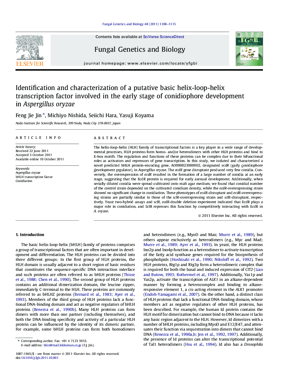 Identification and characterization of a putative basic helix-loop-helix transcription factor involved in the early stage of conidiophore development in Aspergillus oryzae