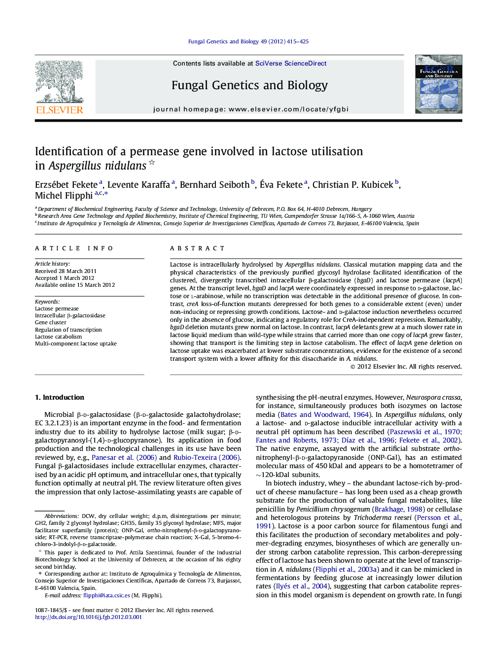 Identification of a permease gene involved in lactose utilisation in Aspergillus nidulans