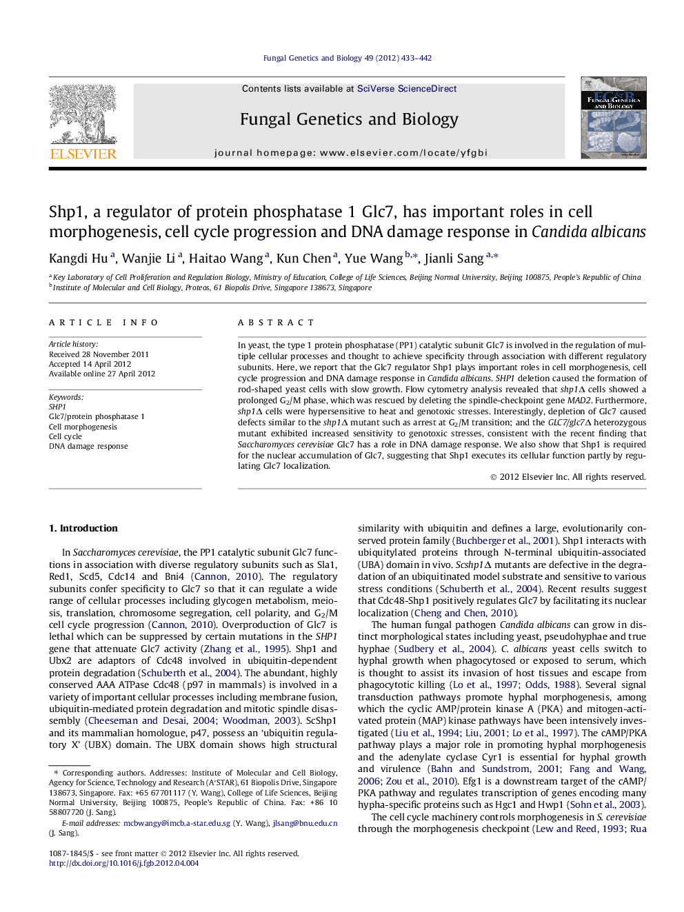 Shp1, a regulator of protein phosphatase 1 Glc7, has important roles in cell morphogenesis, cell cycle progression and DNA damage response in Candida albicans